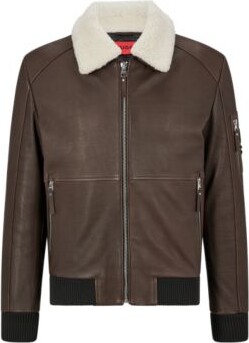 HUGO BOSS Regular-fit biker jacket in leather with teddy trim