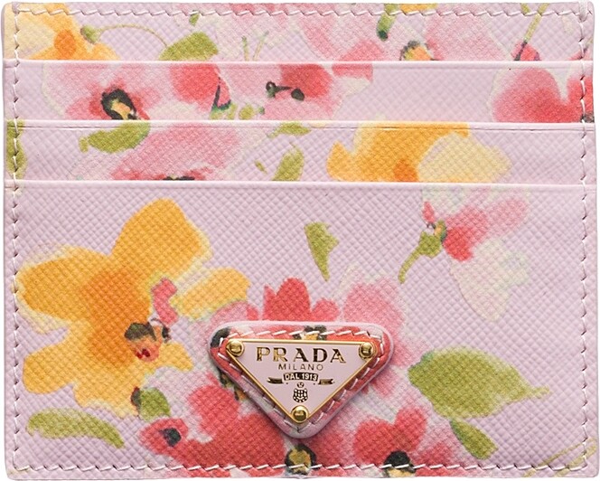 Prada Floral-Print Saffiano Leather Card Holder