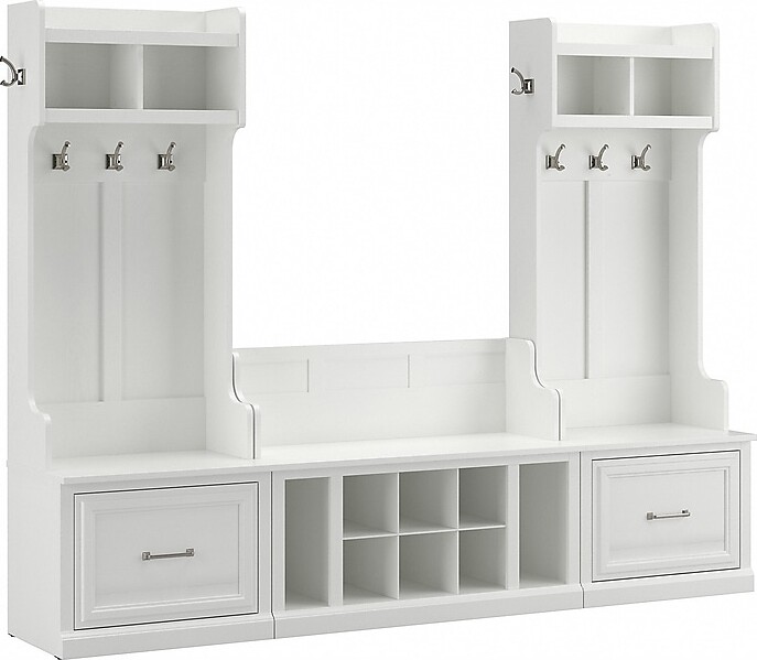 Bush Furniture Woodland Entryway Storage Set with Hall Trees and Shoe Bench with Drawers, White Ash (WDL012WAS)