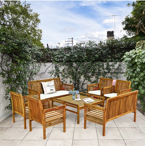 Costway Costway8PCSOutdoorAcaciaWoodSofaFurnitureSetCushionedChairCoffeeTableGarden