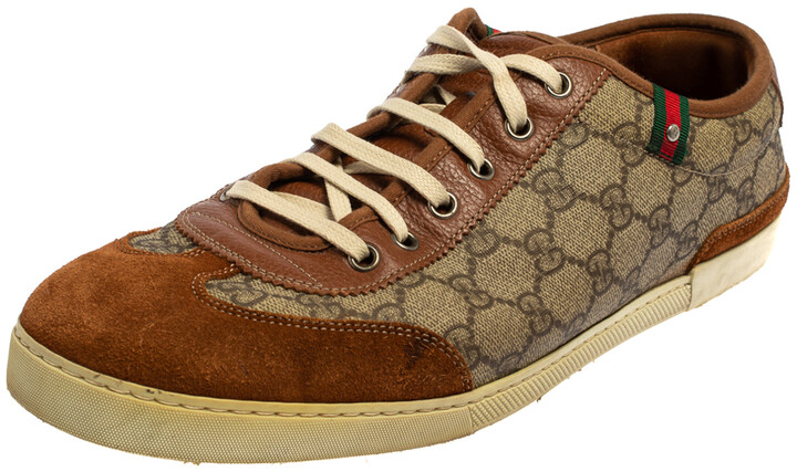 Gucci Brown Suede And GG Canvas Low Top Sneakers Size 45 - ShopStyle