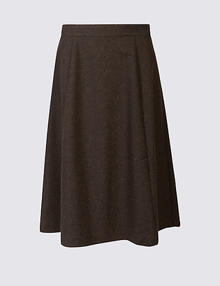 Classic Wool Blend Herringbone A-Line Midi Skirt