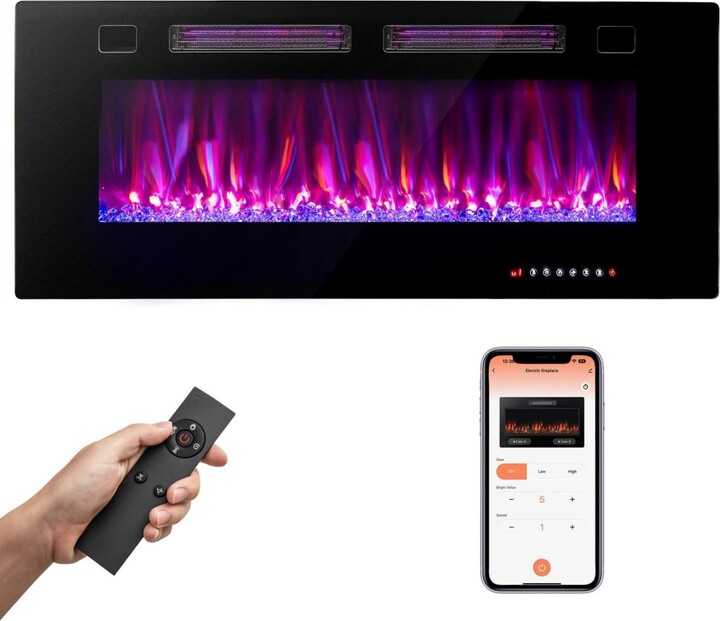 Sugift 42 Inch Ultra-Thin Electric Fireplace with Decorative Crystals and Smart App Control