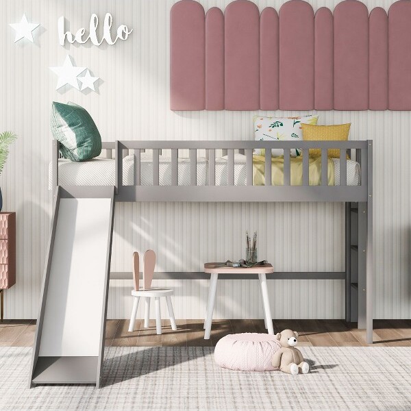 Harper&Bright Designs TwinSizeLowLoftBedwithSlideKidsWoodenLoftBedFramewithHighGuardrailforGirlsBoysGray