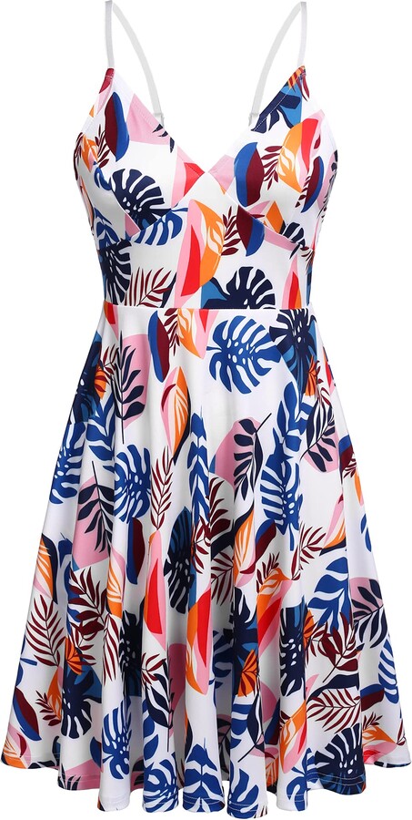 Womens Boho Beach Dress Floral Spaghetti Strap Sleeveless V Neck A line Swing Casual Sundress Beachwear 