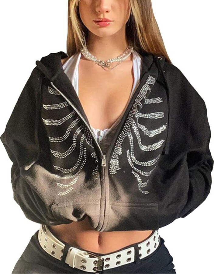 Tomwell Women's Y2K Jacket Zip Up Hoodies Goth Skeleton Rib Cage
