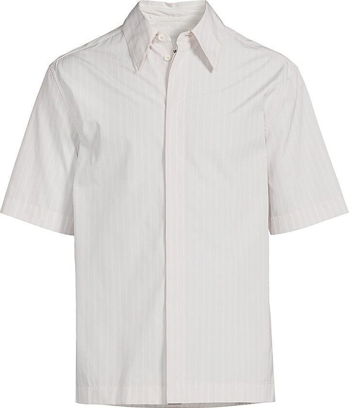Jil Sander Men's Striped Cotton Button-Front Short-Sleeve Shirt - Iris - Size 15.5