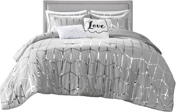 Wovilo Modern Grey + Silver Metallic Duvet Cover With Decorative Details Print And Button Closure