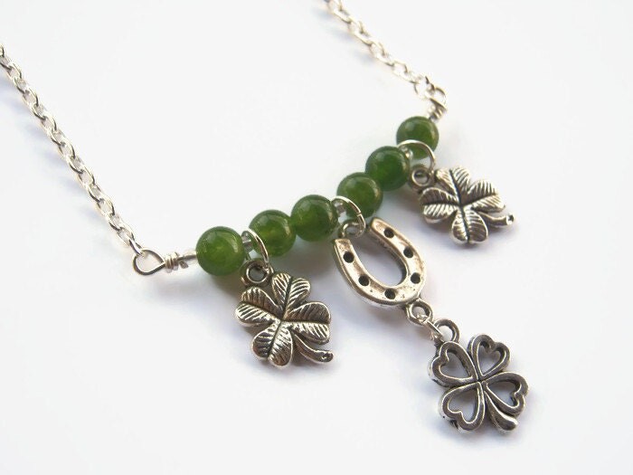 Etsy Lucky Charm Necklace, St. Patricks Day 4 Leaf Clover, Minimalist Green Jade Luck, Irish Jewelry, Horseshoe