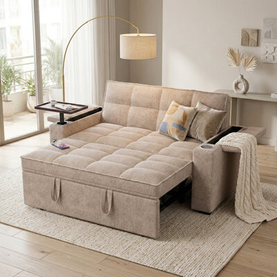 Latitude Run 65'' Convertible Sleeper Sofa Bed with 360° Swivel Side Table 3-in-1 Pull Out Loveseat in Modern Chenille Velvet Small Space Solution