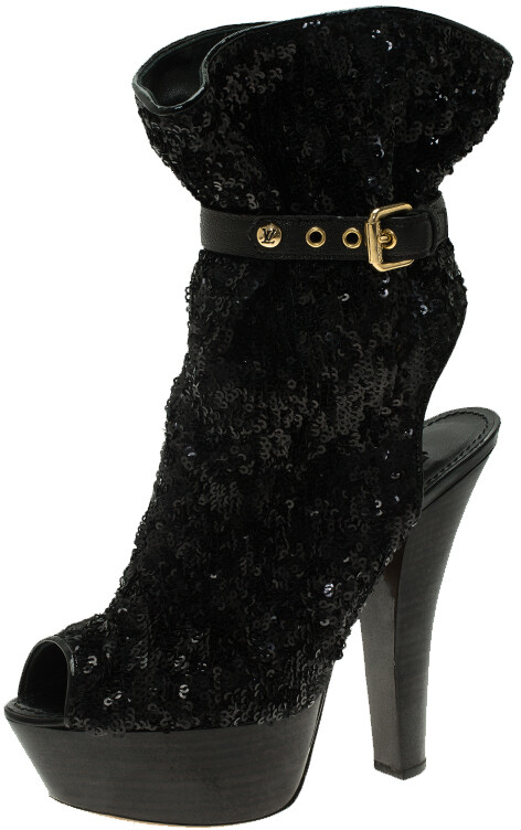 Louis Vuitton Peep Toe Black Suede Platform Ankle Boots 36