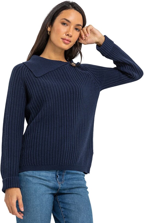 Roman Originals Women Split Neck Jumper Ladies Knitted Ribbed Chunky Knit Winter Spring Sweater Cowl Neckline Smart Casual Work Office Button Detail Warm Vintage Tunic Top