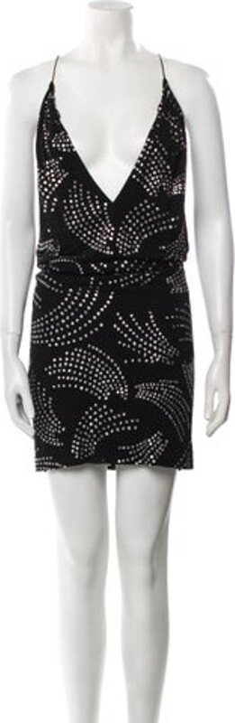 Saint Laurent Slip Dress Blue Printed Glitter Accents Sleeveless with V-Neck Concealed Zip Closure at Side