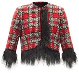 Thumbnail for your product : Halpern Cropped Feather-trimmed Tweed Suit Jacket - Red