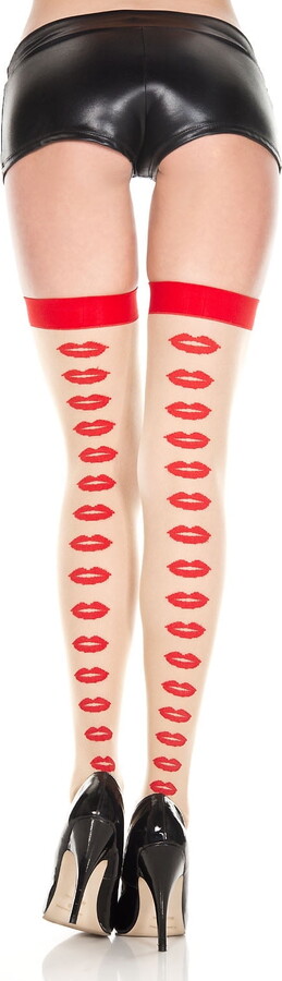 Music Legs Women’s Lips print backseam thigh hi 4158-BEIGE/RED