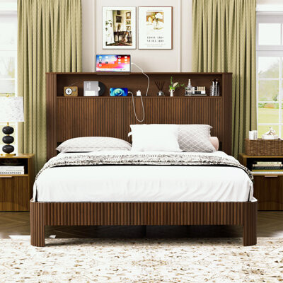 Latitude Run Full XL Size bed frame with storage headboard and built-in charging station