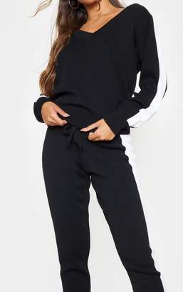 PrettyLittleThing Black Contrast Stripe Knitted Lounge Set