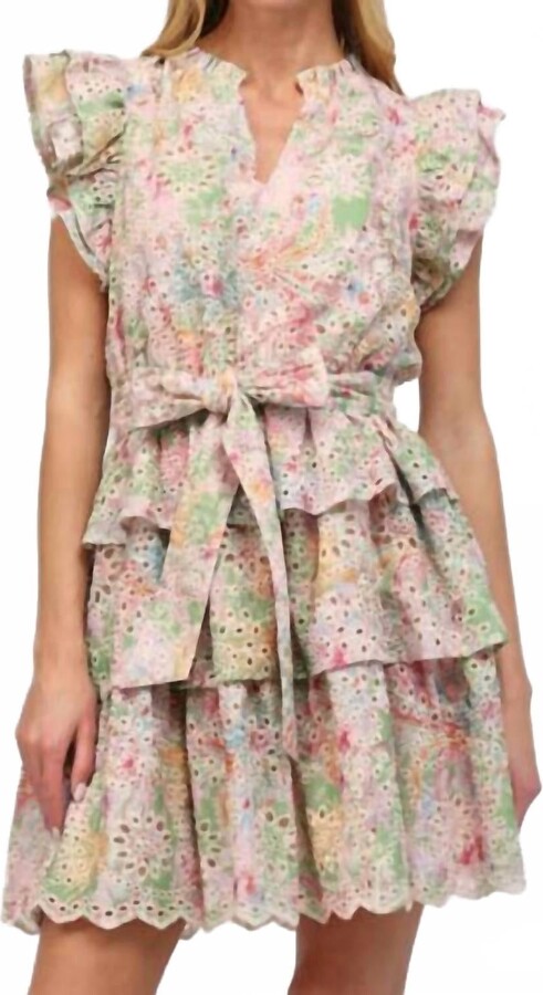 Fate Floral Eyelet Lace Tiered Dress In Pink Multi