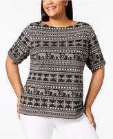 Thumbnail for your product : Karen Scott Plus Size Cotton Printed Elbow-Sleeve Top, Created for Macy's