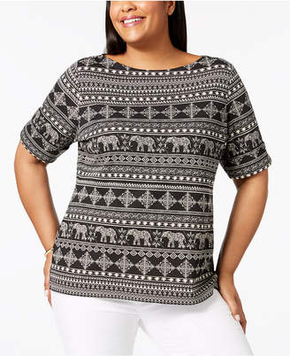 Karen Scott Plus Size Cotton Printed Elbow-Sleeve Top, Created for Macy's