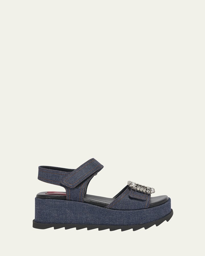 Roger Vivier Denim Strass Wedge Sandals