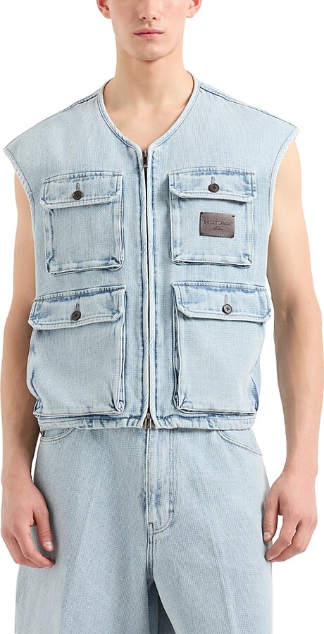 Emporio Armani Regular Fit Jacquard Denim Cargo Vest