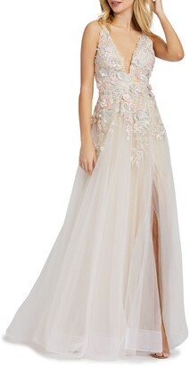 Mac Duggal Plunging Floral Embellished Tulle A-Line Gown
