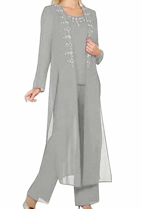 Hsls Women's 3 Pieces Outfits Beaded Mother of Bride Dress Pant Suits with Jacket for Wedding(Silver Grey 24)