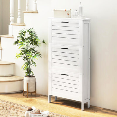 White Narrow Shoe Cabinet For Entryway, 3 Flip Drawers, 6 Pairs Storage, Space Saving & Gorgeous Rack Entryway With White, Holds Of Shoes, Efficient D