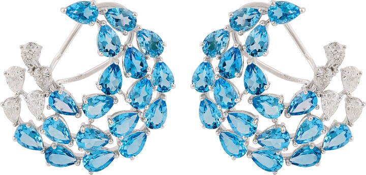 Spectrum Jewels 15.66ct Real Blue Topaz Diamond Crescent Moon 14k White Gold Hoop Earrings