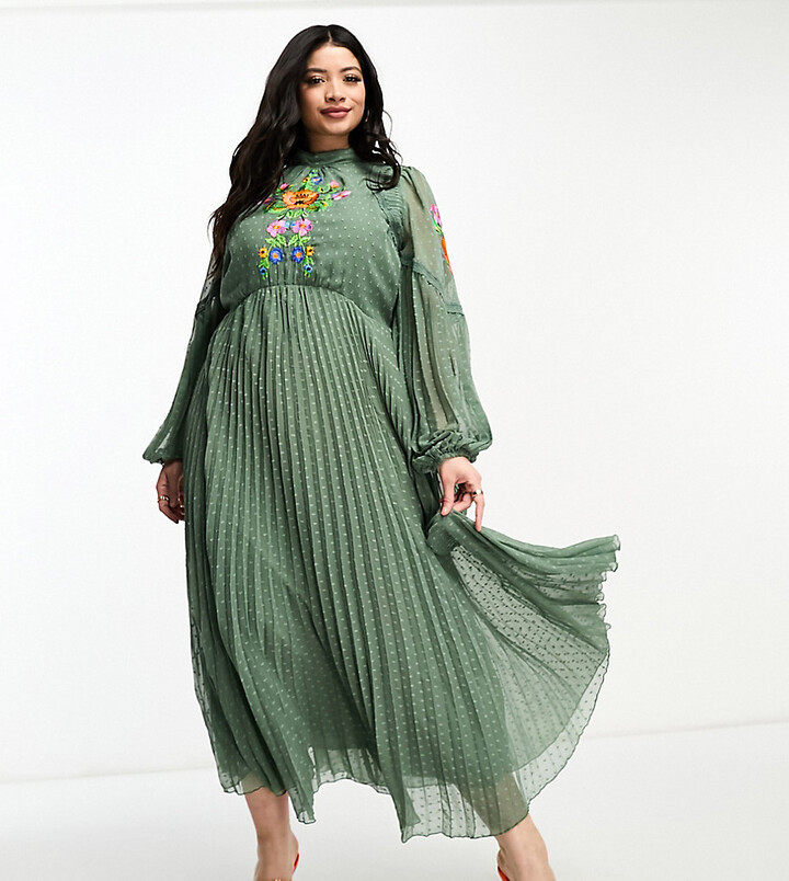 ASOS Curve ASOS DESIGN Curve pleated lace insert embroidered maxi dress in  khaki - ShopStyle