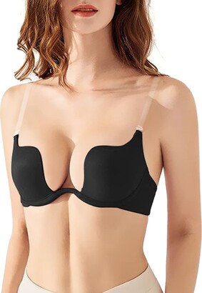 Amafuur Push Up Strapless Bra with Clear Straps Multiway Super Padded Add 2  Cup Support Underwire Lace Demi Bras Black 34C