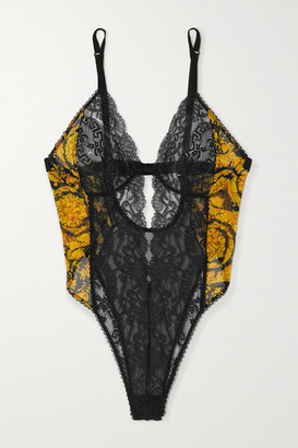 Versace Printed Stretch-mesh And Lace Underwired Thong Bodysuit - Black
