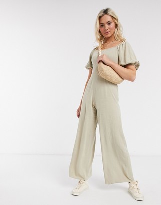 ASOS DESIGN square neck linen jumpsuit with tie back detail in cream -  ShopStyle