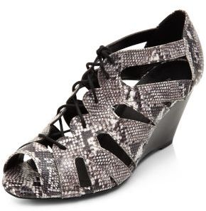 New Look Grey Snakeskin Print Lace Up Low Wedges