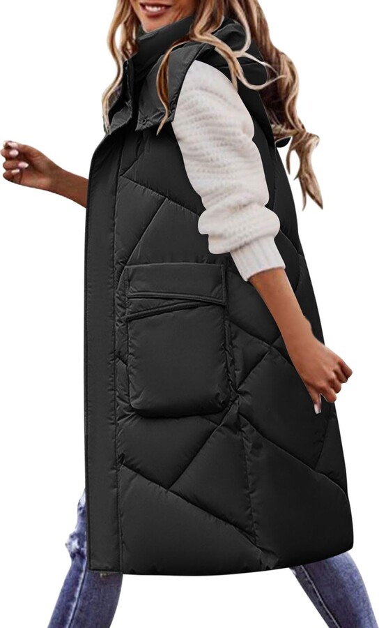 MODSGUE Women's Long Vest Sleeveless Quilted Vest with Zip Hooded Vest