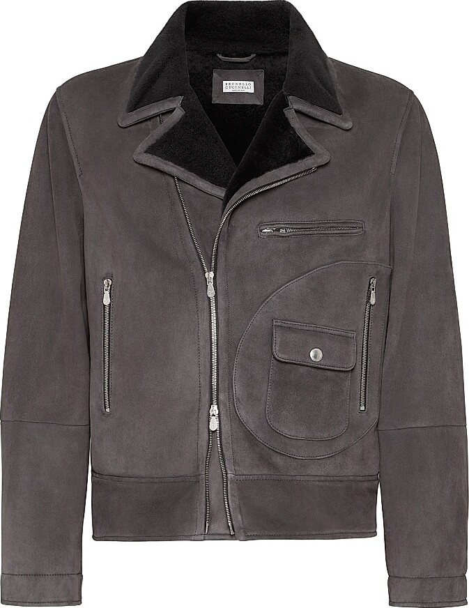 Brunello Cucinelli Men's Tone on Tone Suede Shearling Biker Jacket - Slate - Size Large