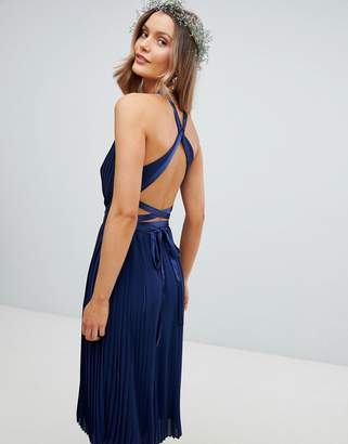 TFNC Pleated Midi Bridesmaid Dress With Cross Back And Bow Detail
