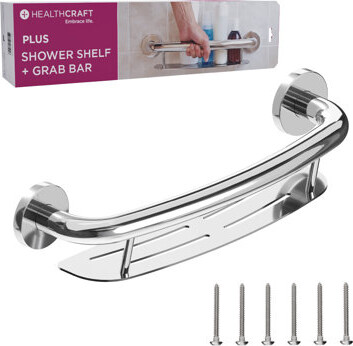 HealthCraft PLUS Shampoo Shelf 16" in Chrome, Decorative Grab Bar with Shelf (500 lb. Capacity)