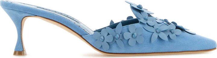 Manolo Blahnik Light Blue Suede Harnes Mules
