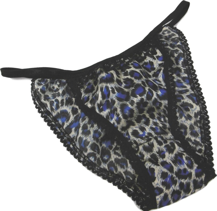 Shiny Satin and lace Mini Tanga String Bikini Panties Grey Leopard with Black Trim Sizes XS to XXL 