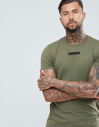Religion muscle fit t-shirt with curved hem in khaki