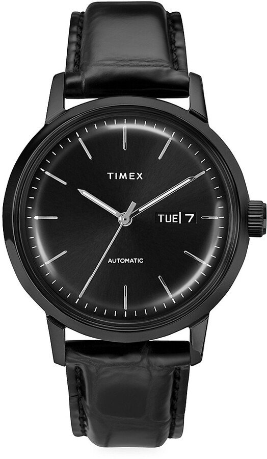 Timex Marlin Automatic Day-Date Leather Strap Watch - ShopStyle