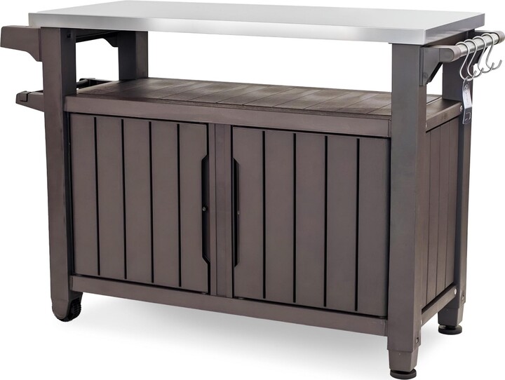 Keter Unity Xl Outdoor Kitchen Rolling Bar Cart with Storage Cabinet, Brown