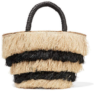 Kayu Pinata Mini Leather-trimmed Fringed Straw Tote - Black