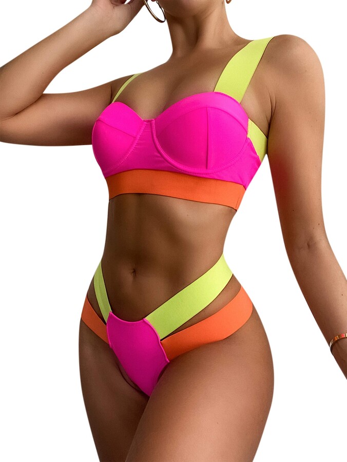 RARITYUS Women Rave Neon Patchwork Bikini Swimsuit 2 Piece Sexy