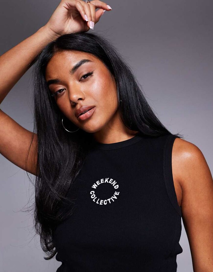 ASOS Weekend Collective Weekend Collective ribbed tank top with embroidered logo in black