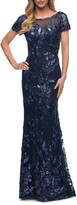Thumbnail for your product : La Femme Beaded Floral Short-Sleeve Gown with Sheer Neckline