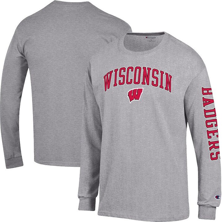 Men's Champion Heather Gray Wisconsin Badgers Arch Over Logo 2-Hit Long Sleeve T-Shirt