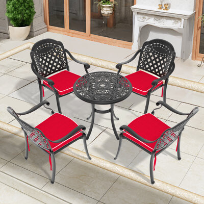 Bloomsbury Market -Piece premium patio set - cast aluminum outdoor dining with black frame & random color cushions, table & 4 chairs